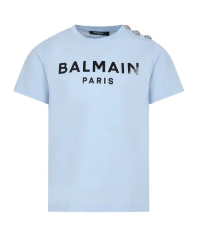 Balmain Light Blue T-shirt For Kids With Logo In Celeste