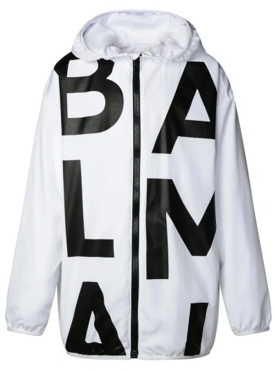 Balmain Kids Logo Printed Hooded Jacket In White/black