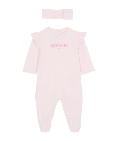 Balmain Kids Logo Printed Ruffled Babygrow Set In Pink