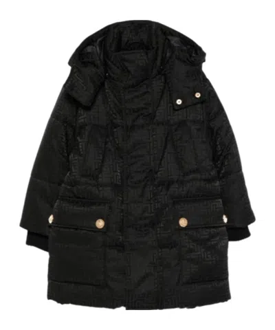 Balmain Kids Long-sleeved Monogram Hooded Coat In Black