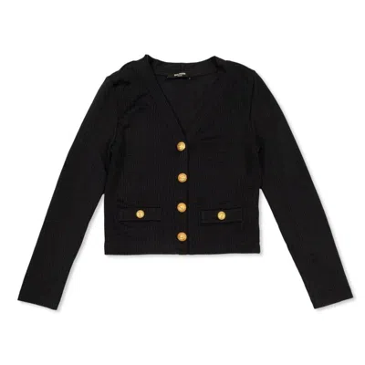 Balmain Kids Monogram V-neck Button-up Cardigan In Black