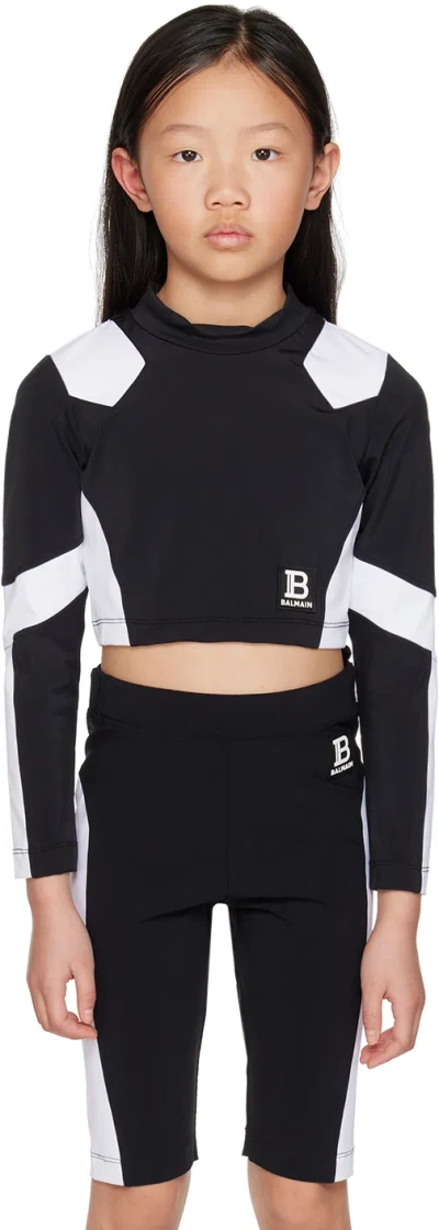 Balmain Kids White & Black Patch Long Sleeve T-shirt In 930bc Blk/wht