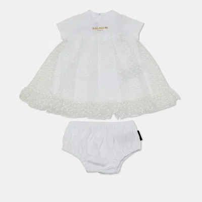 Pre-owned Balmain Kids White Polka Dots Gillter Cotton And Tulle Set 9m