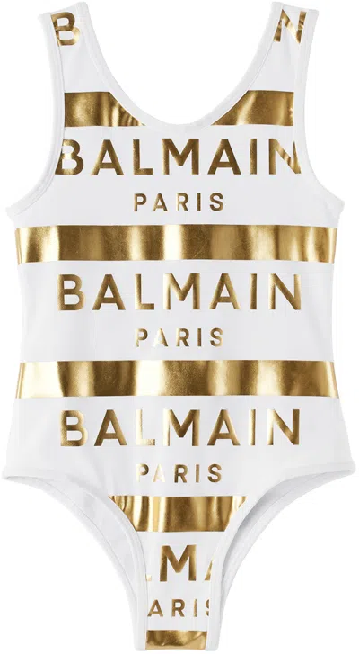 Balmain Striped Lycra One Piece Swimsuit In 100or Wht/gold
