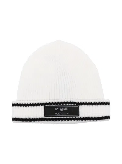 Balmain Kids' Logo-patch Ribbed Beanie In White