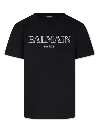 Balmain Kids' Black T- Shirt With Embroidered Roman Style Logo