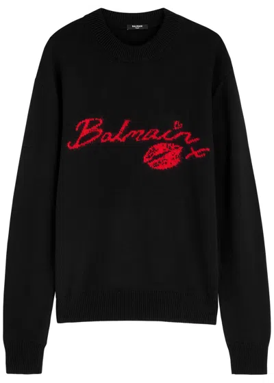 BALMAIN BALMAIN KISS LOGO-INTARSIA WOOL JUMPER