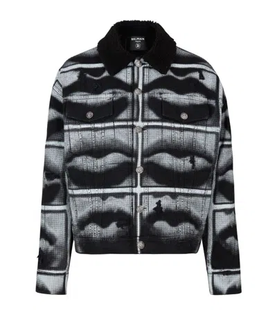 Balmain Denim Jacket With Lips Print In Black