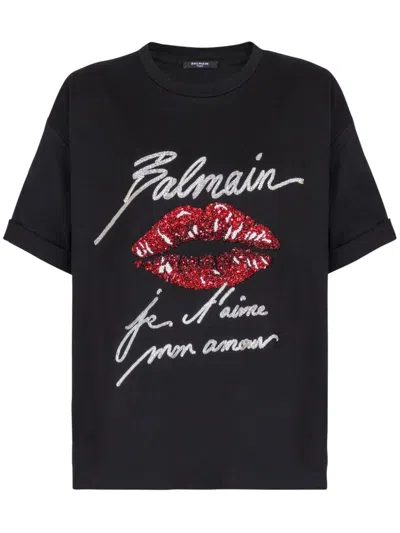 Balmain Kiss-print Short-sleeves T-shirt In Noir/blanc/rouge