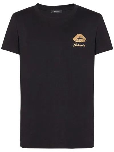 【送料&関税込】Balmain Gold Kiss Print Logo T.shirt Classic BALMAIN Gold Kiss Print Logo T-Shirt in Black | FWRD