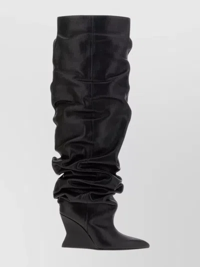 Balmain Knee-high Leather Wedge Boots In Black
