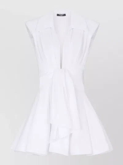 Balmain Knee Length Dress Deep V Neck Tie Waist In White