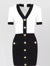Balmain V-neck Buttoned Strong-shoulder Torsade Knit Mini Dress