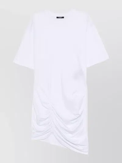 Balmain Knee Length Dress Round Neckline Ruched Hem In White