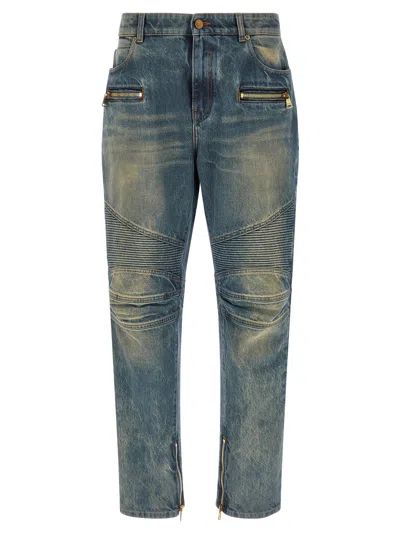 Balmain Knee-ribbed Biker Denim Jeans In Blue