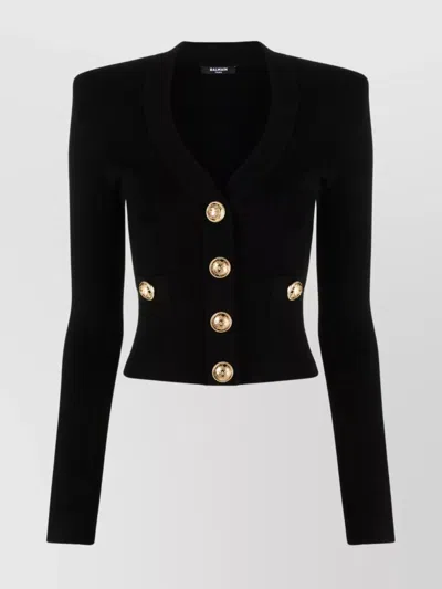 BALMAIN KNIT CARDIGAN WITH V-NECK AND STRUCTURED SHOULDERS