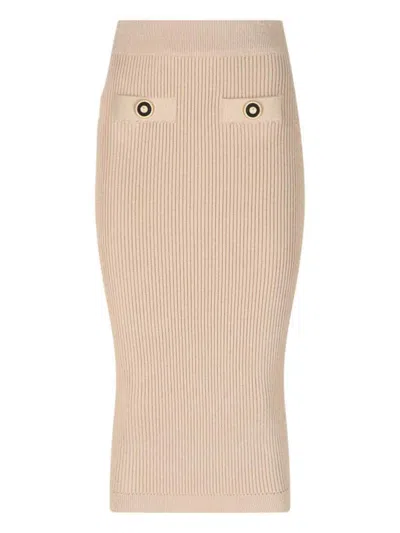 Balmain Ribbed Nude Viscose Blend Midi Skirt In Neutral