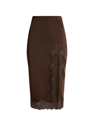 Balmain Knit Midi Skirt With Lace In Brown