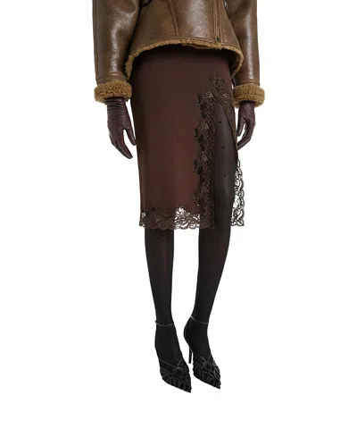 Balmain Knit Midi Skirt With Lace In Brown