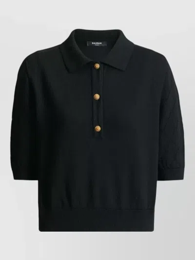 Balmain Knit Polo Shirt Button Detail Ribbed Hem In Black