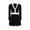 Balmain Long Sleeves V-neck Flare Knit Dress In Black