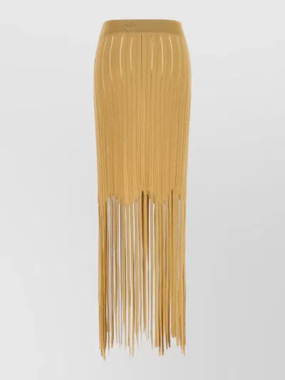 Balmain Knit Skirt Elastic Waist Fringe Hem In Brown