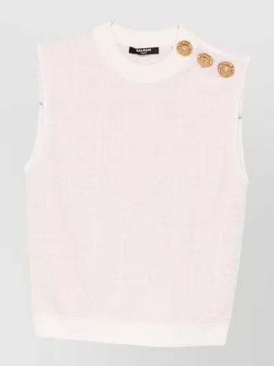 Balmain Knit Top Button Detail Sleeveless Round Neck In White