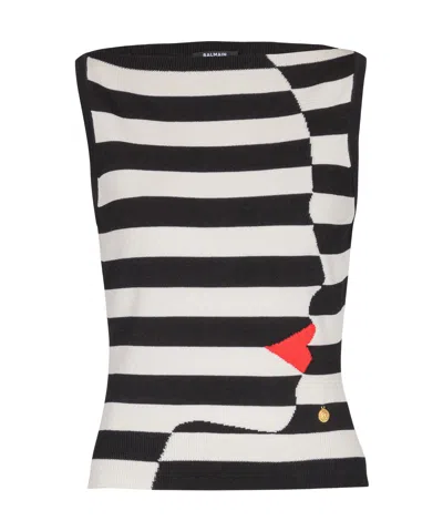 BALMAIN BALMAIN FACE MOTIF KNIT MARINIÈRE TOP