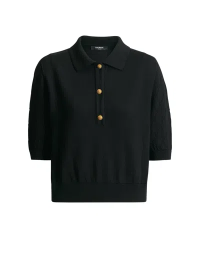 Balmain Knitted 3-button Polo In Black