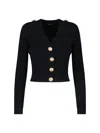 Balmain Black Ribbed Cardigan With Shoulder Pads And Logoed Metal Buttons In Black