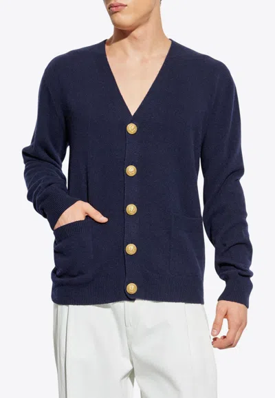 Balmain Knitted Cashmere Cardigan In Blue