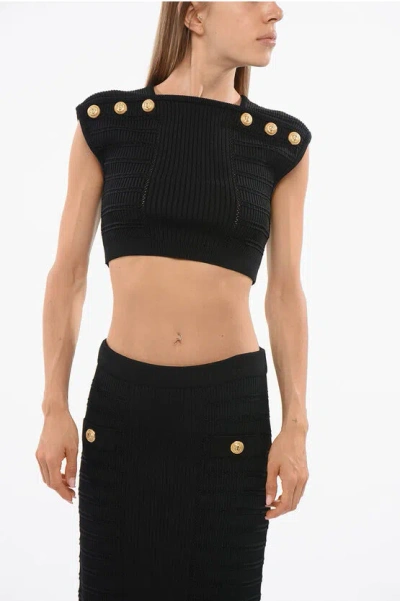 Balmain Knitted Crop Top With Decorative Buttons In Black