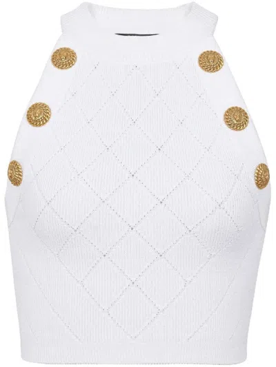 Balmain Knitted Cropped Top With Embossed Buttons In White