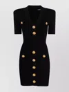 Balmain Knitted Dress V-neck Gold-tone Buttons In Blue