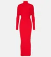 Balmain High Neck Pleated Knit Long Dress In Red