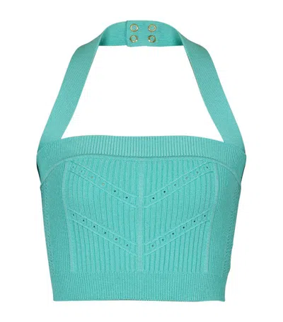 Balmain Knitted Halterneck Crop Top In Green