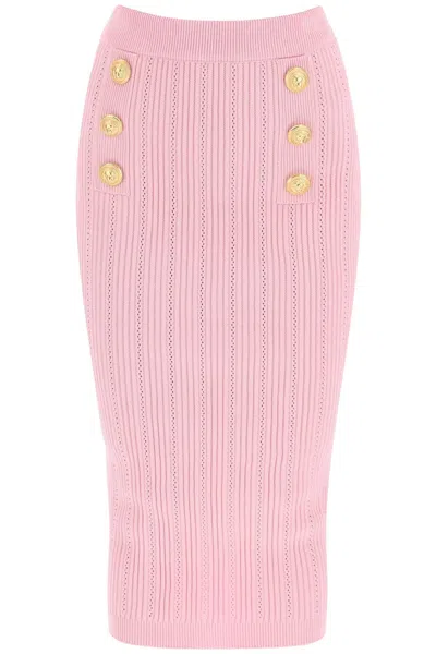 Balmain Feminine Embossed Knit Midi Skirt In Pink For Ss24