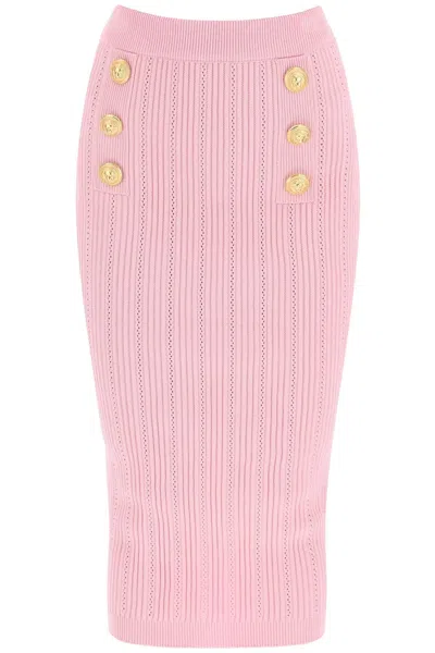 Balmain Feminine Embossed Knit Midi Skirt In Pink For Ss24 In Pink