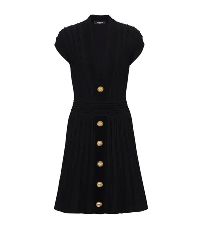 Balmain Buttoned Velvet V-neck Flared Mini Dress In Black