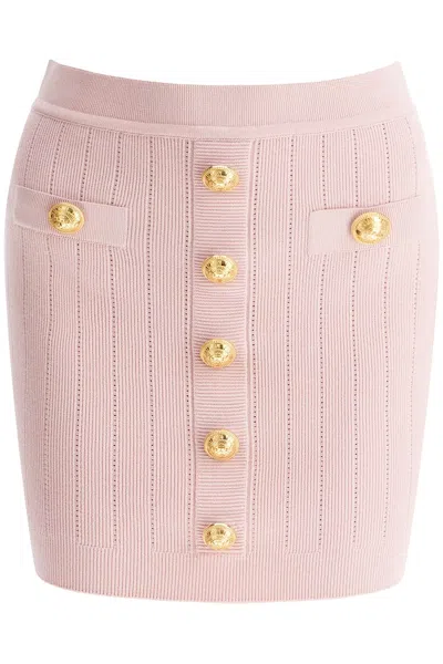 Balmain Knitted Mini Skirt With Embossed Buttons In Pink