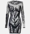 Balmain Body-motif Embroidered Mini Dress In Grey