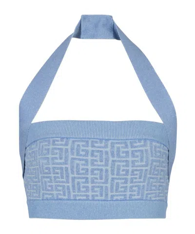 Balmain Knit Halterneck Top With Pb Labyrinth Monogram In Blue
