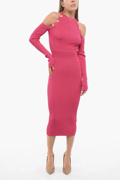 Balmain Knitted Off-shoulder Dress In Pink