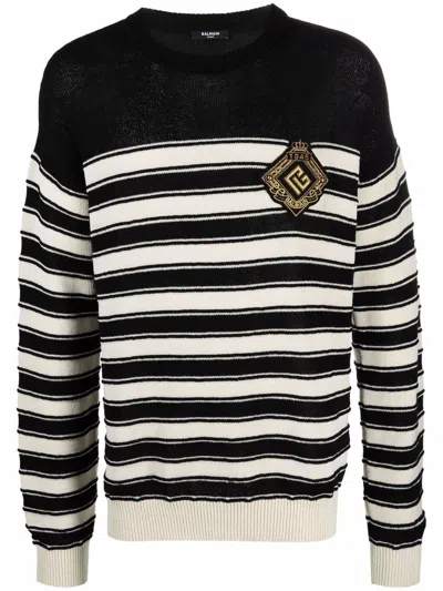 Balmain Striped Knit Wool Blend Sweater W/ Badge In Multi