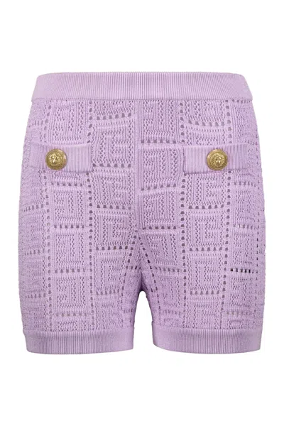 Balmain Monogram Mesh Knitted Shorts In Purple
