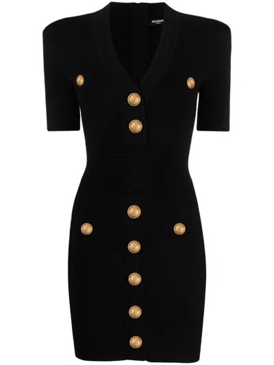 Balmain Knitted V-necked Dress In Black