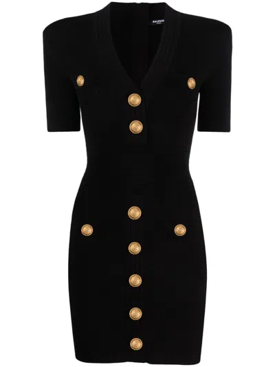Balmain Knitted V-necked Dress In Black