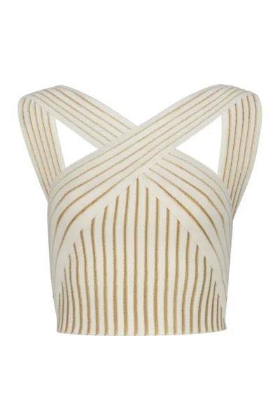 Balmain Viscose Rib Knit Crossed Cropped Top In Beige