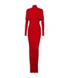Balmain High Neck Pleated Knit Long Dress In Red