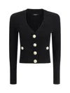 Balmain Structured Shoulder Black V-neck Cardigan With Decorative Buttons In Black
